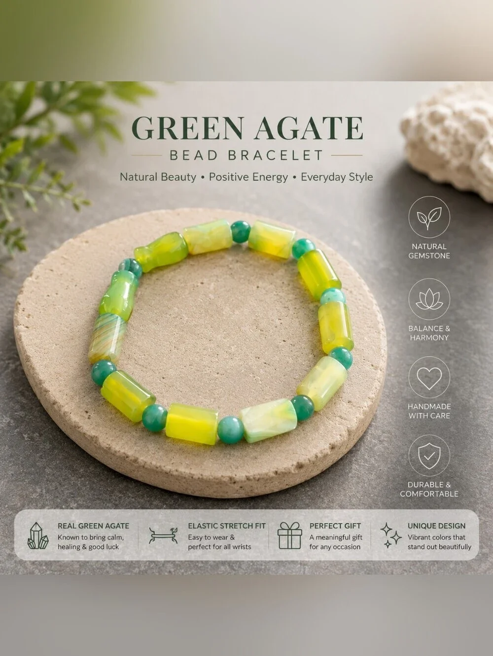 Green Agate Stretch Bracelet | Handmade Gemstone Beaded Bracelet